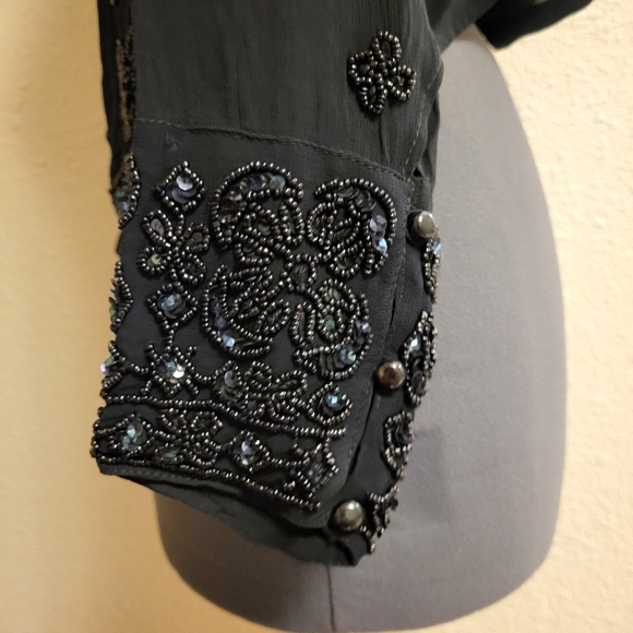 Papillon Sheer Black Beaded & Sequined Button-Up Top Size Large - Picture 6 of 13